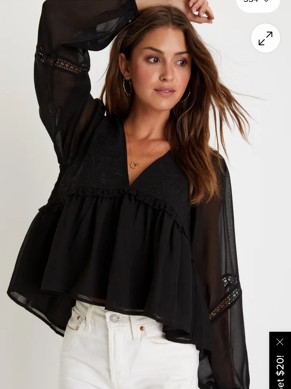 LULUS Admirable Energy Black Embroidery Sheer Sleeve Peplum Hem Top